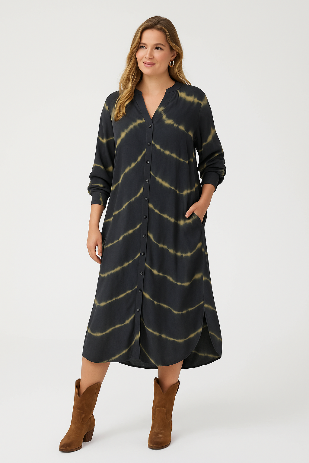 Bomea - Elegantes langes Bohème-Kleid mit Streifen und langen Ärmeln