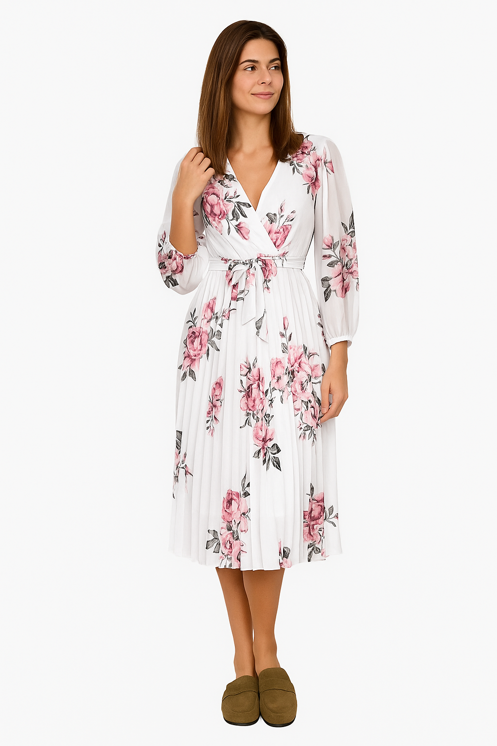 Lena – Elegantes Weißes Blumenkleid mit V-Ausschnitt & Gürtel