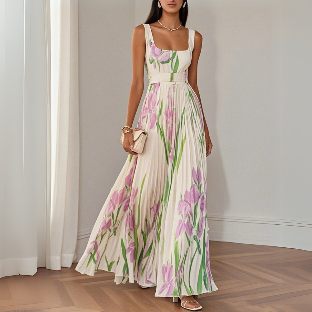 Clara – Elegantes Langes Rüschenkleid mit Blumenmuster